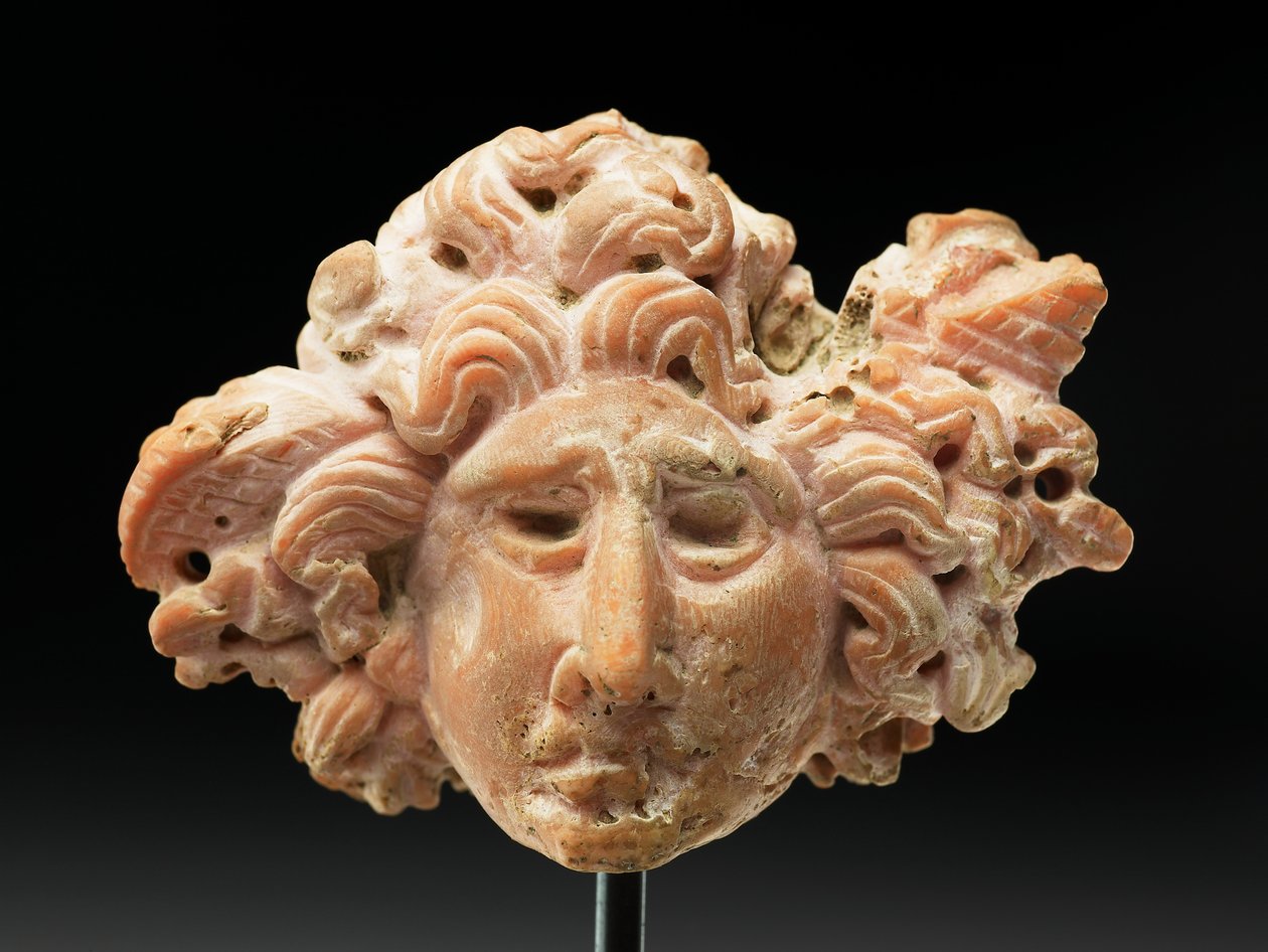 Cabeça da Medusa, de Bactria ou Gandhara, século 2 a 1 a.C. (coral rosa) de Unbekannt