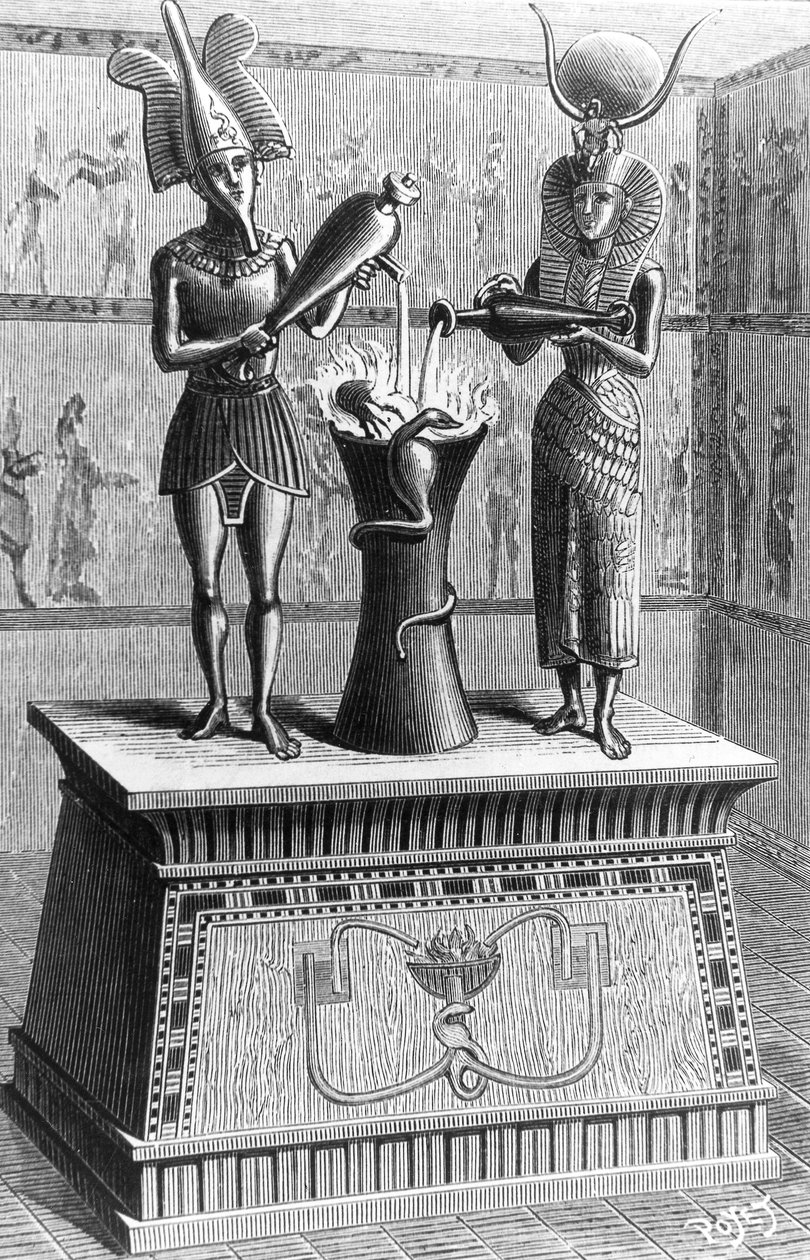 O maravilhoso altar de Heron de Alexandria (séc. I d.C.): quando o fogo é aceso no altar, as estátuas deitam vinho e leite e as serpentes sibilam, gravura de Unbekannter Künstler