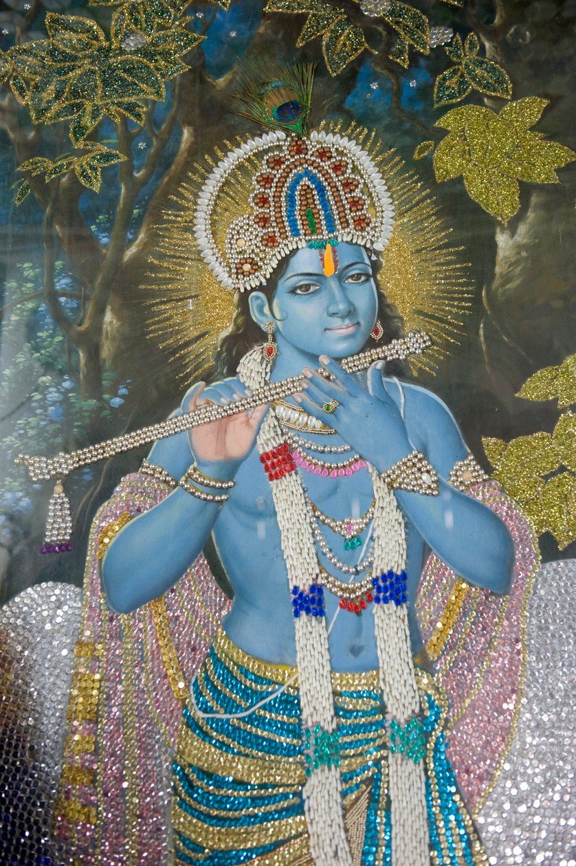 Hinduísmo; pintura do Senhor Krishna com flauta; Templo Durgiana Mandir Vishnu; Amritsar; Punjab; Índia; Sul da Ásia; Ásia de Unbekannt