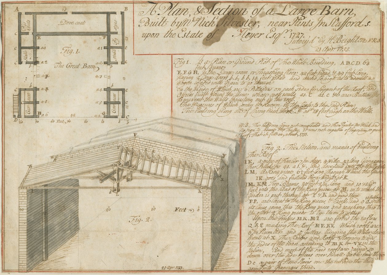 Sugestões - Celeiro na propriedade Floyer: desenho a caneta, 25 de abril de 1733 de Unbekannt