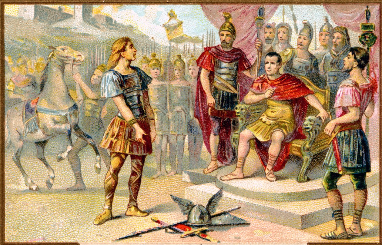 História. Roma Antiga. Vercingetorix (chefe de uma tribo gaulesa: os Averni) rende-se a Júlio César em Alesia, 52 AC. Imagery, França, c.1900. de Unbekannter Künstler