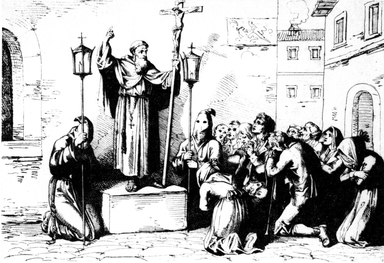 História da Roma Antiga. Um frade prega ao povo em uma praça em Roma. Gravura de Bartolomeo Pinelli no século XIX de Unbekannt