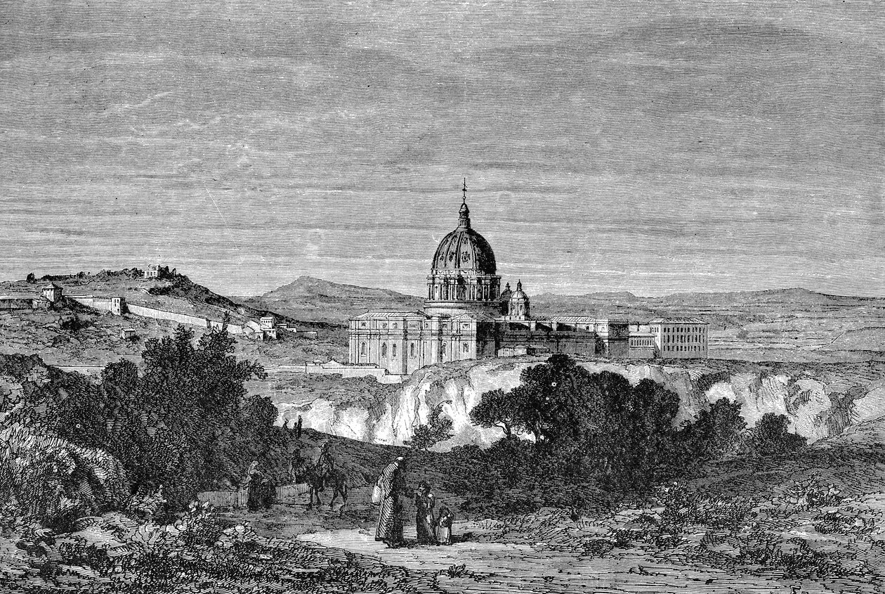História da Roma Antiga. Gravuras em Roma da Basílica de São Pedro de 1872 e dos Palácios do Vaticano de Unbekannt