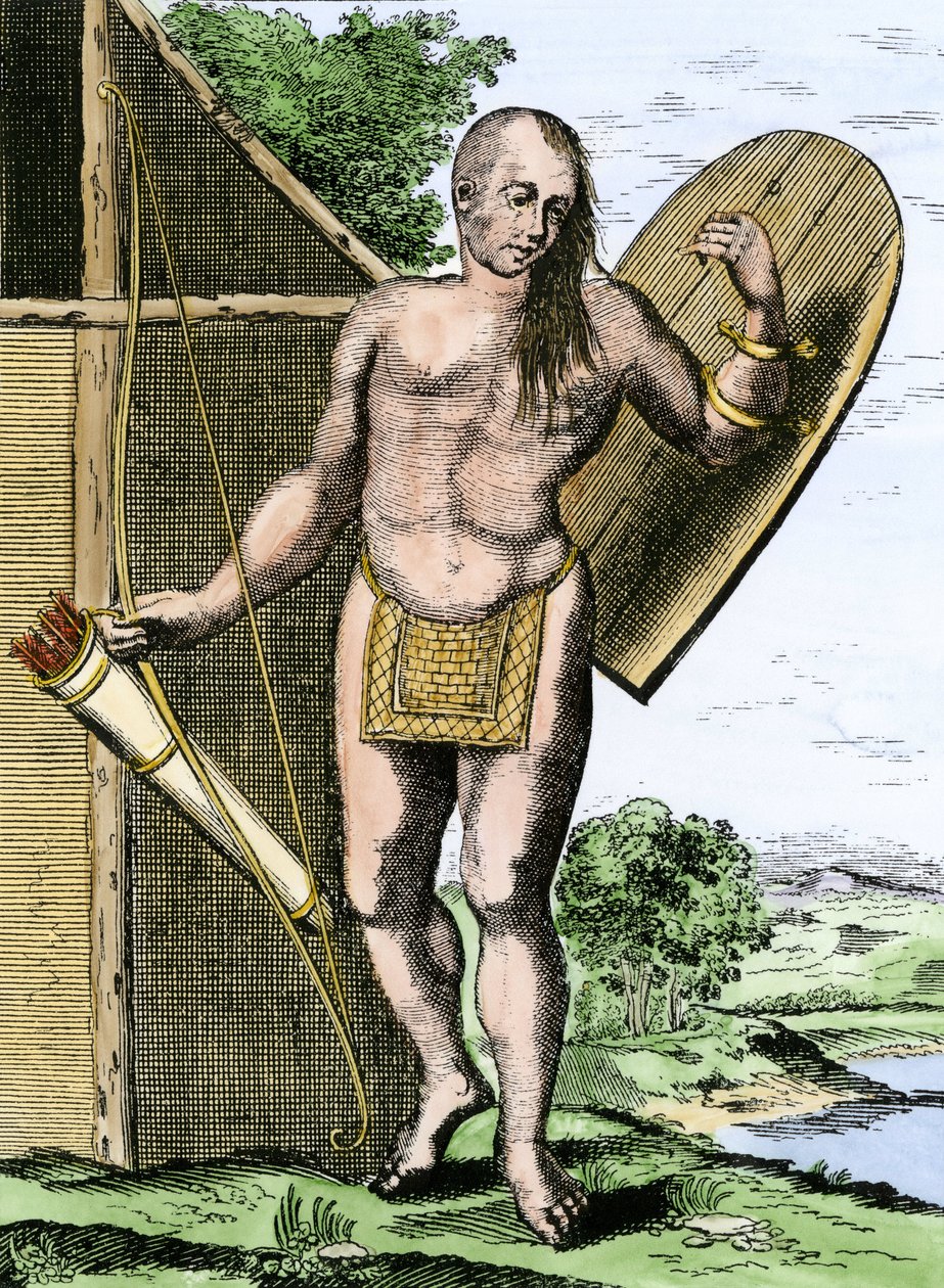 História dos povos indígenas: Um índio do Canadá segurando um escudo, um arco e flechas numa aljava de Unbekannter Künstler