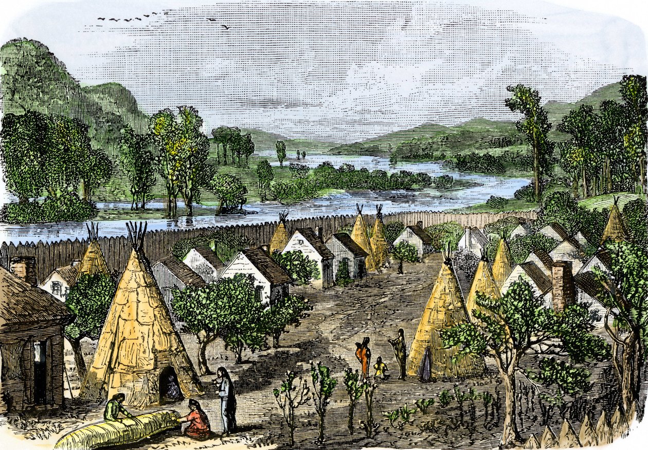 História dos povos indígenas: Aldeia de Mohawk, Nova Iorque, cerca de 1780. Gravura colorida do século XIX. de Unbekannter Künstler