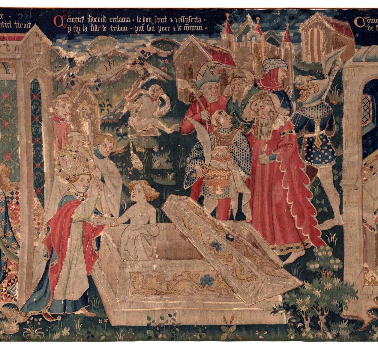 História de Saint Piat e Saint Eleuthère, também chamado de tapeçaria de Arras. Encomendado ao cónego Toussaint Prier, capelão do duque de Borgonha, final do século XIV e início do século XV. 22m x 2m. Detalhe (tapeçaria) de Alec Hunter