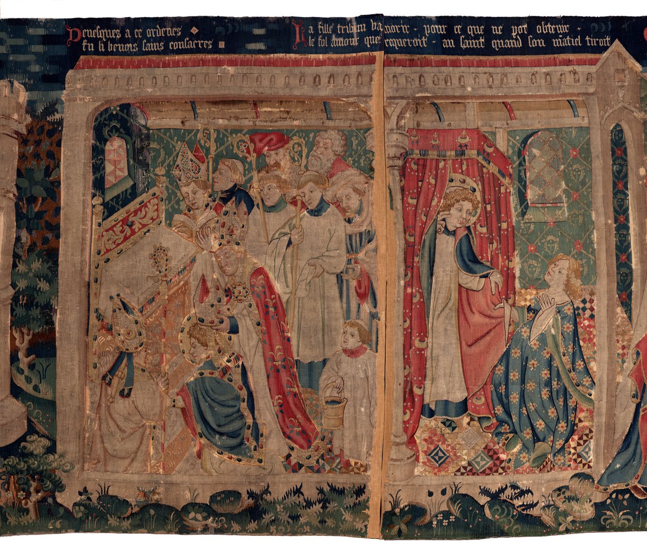 História de Saint Piat e Saint Eleuthère, também chamada tapeçaria de Arras. Encomendada pelo cânone Toussaint Prier, capelão do duque de Borgonha, no final do século XIV e início do século XV. 22m x 2m. Detalhe (tapeçaria) de Alec Hunter