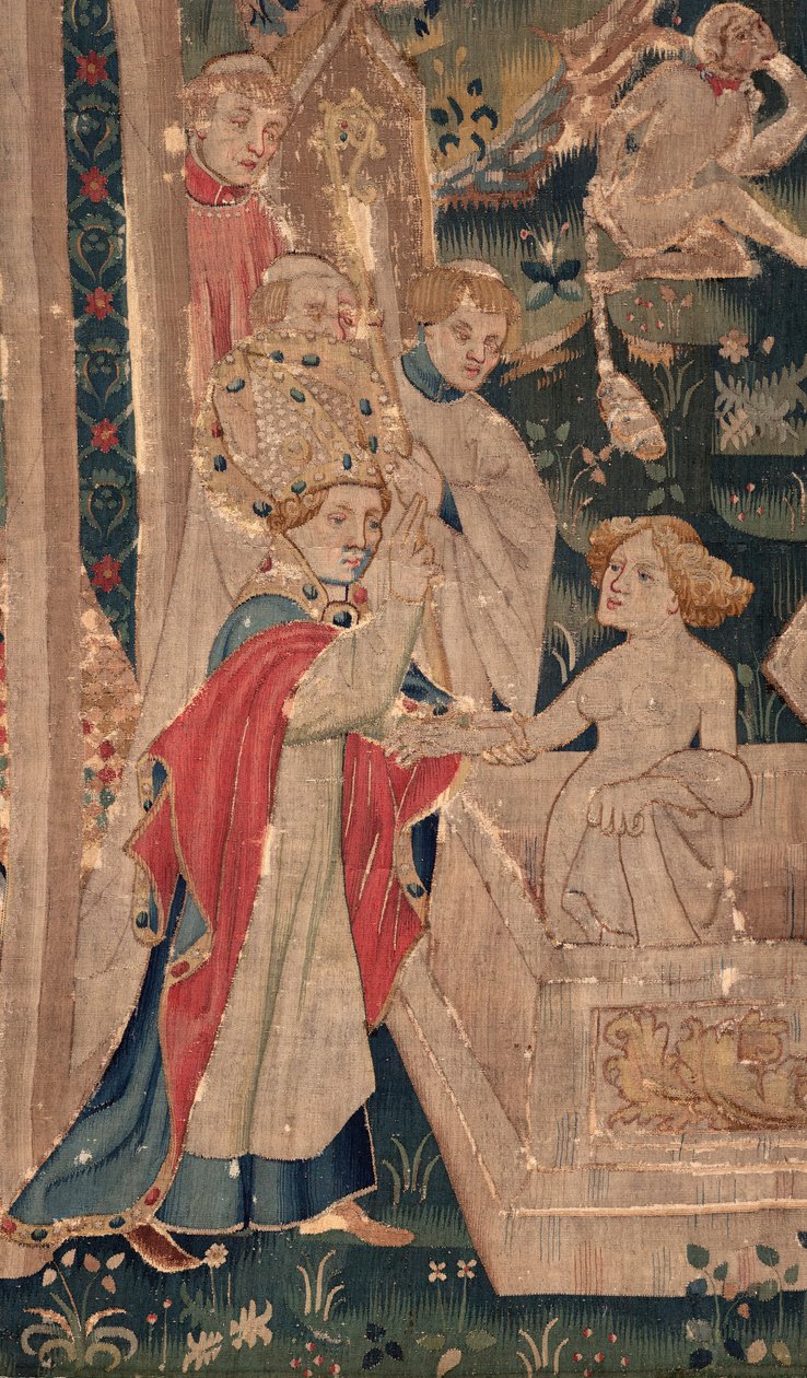História de Saint Piat e Saint Eleuthère, também chamada tapeçaria de Arras. Encomendada ao cónego Toussaint Prier, capelão do duque de Borgonha, no final do século XIV e início do século XV. 22m x 2m. Pormenor (tapeçaria) de Unbekannter Künstler