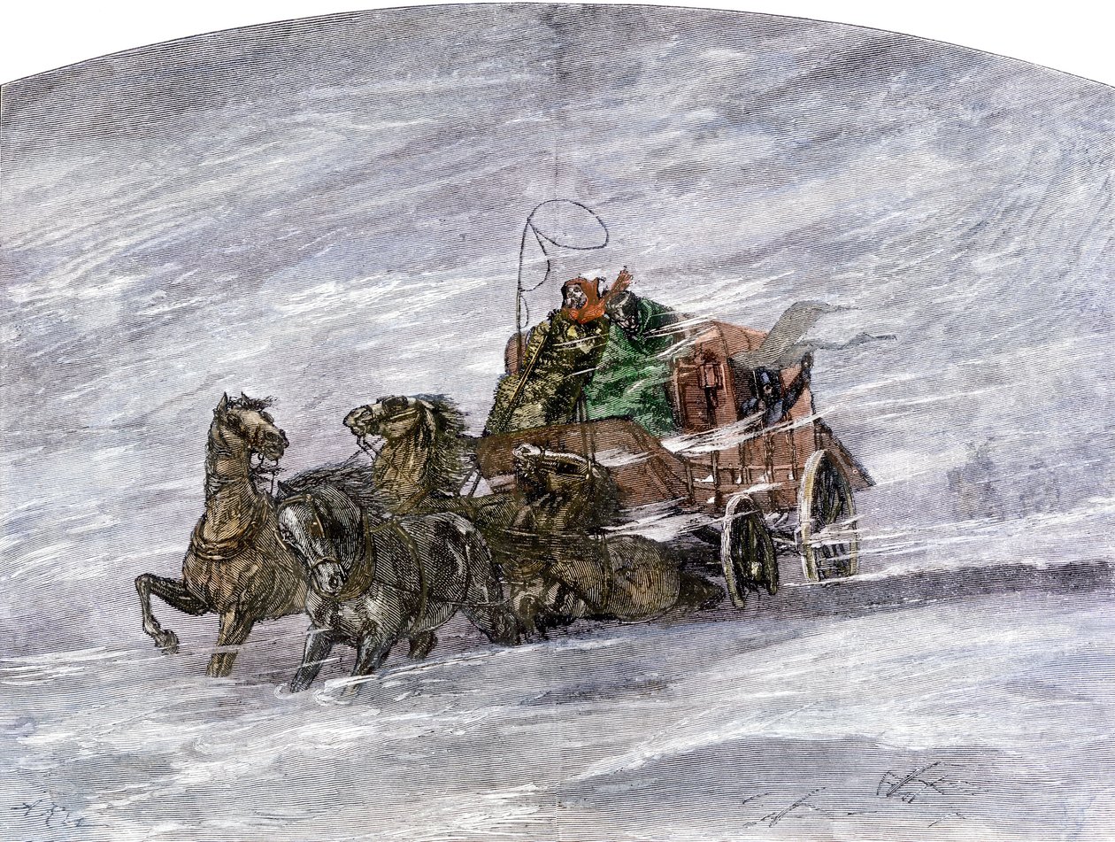 História dos colonos e da conquista do Oeste: Os pioneiros americanos. Diligência num prado no meio de um nevão de Unbekannter Künstler