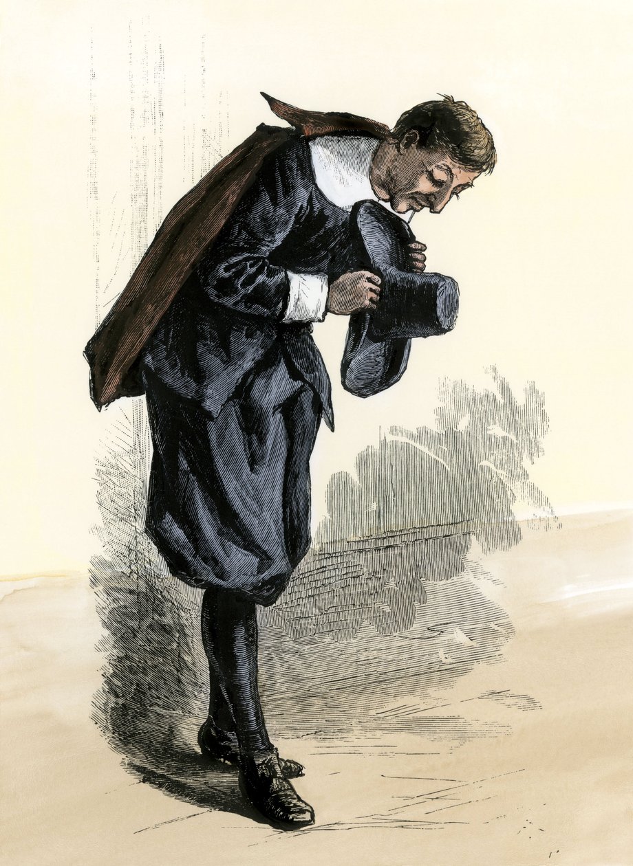 História dos colonos e da conquista do Oeste: Pioneiros americanos. Puritano da Nova Inglaterra inclinando a cabeça. Gravura colorida do século XIX. de Unbekannter Künstler