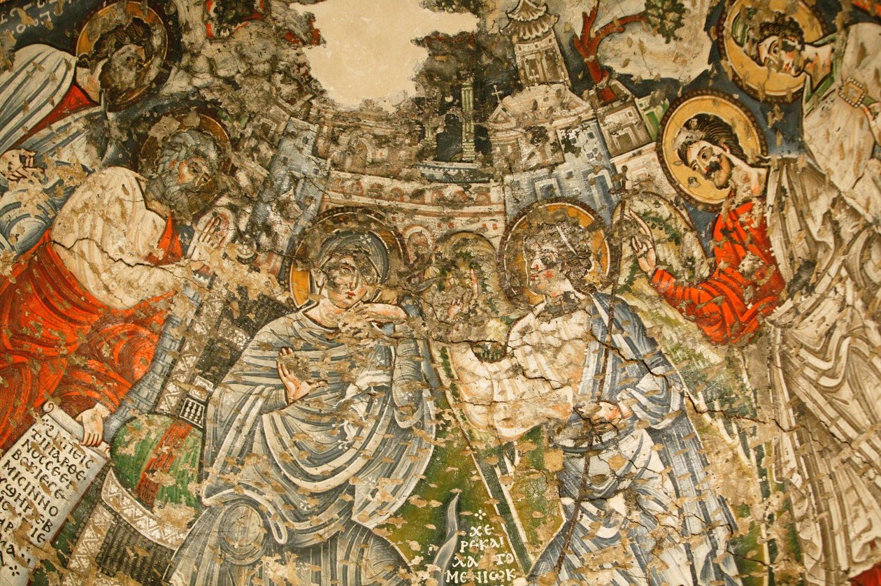 Virgem Santa e Mosteiro São João Kame : 9º c. fresco : A Anunciação. Maria está rodeada pelos profetas Moisés, Esaías, Ezechiel e Daniel. Egito de Unbekannt