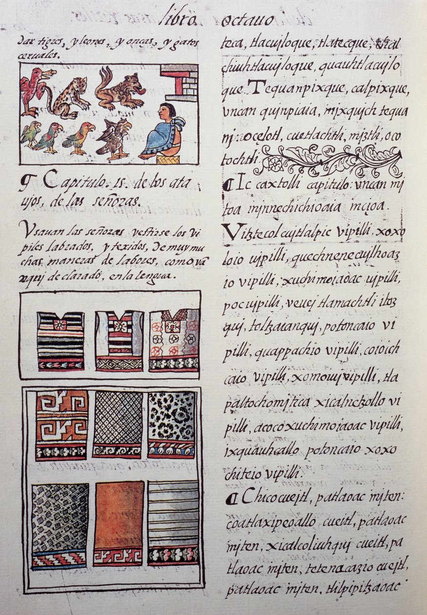 Huipil, traje feminino usado pela nobreza com blusas bordadas, Livro VIII do Códice Florentino, História Geral das Coisas da Nova Espanha, do missionário espanhol Fray Bernardino de Sahagun. Civilização asteca de William M. Timlin