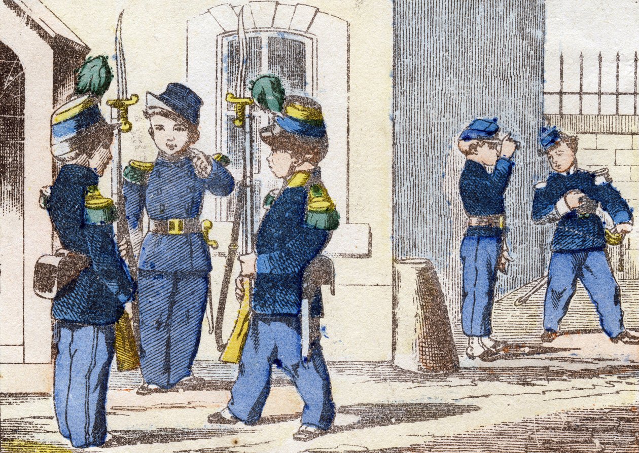 Caçadores a pé. Gravura em "Alfabeto militante enfantin". Imagem de Pont-a-Mousson, por volta de 1890. 20 páginas. Dim: 28,5x21cm de Unbekannt