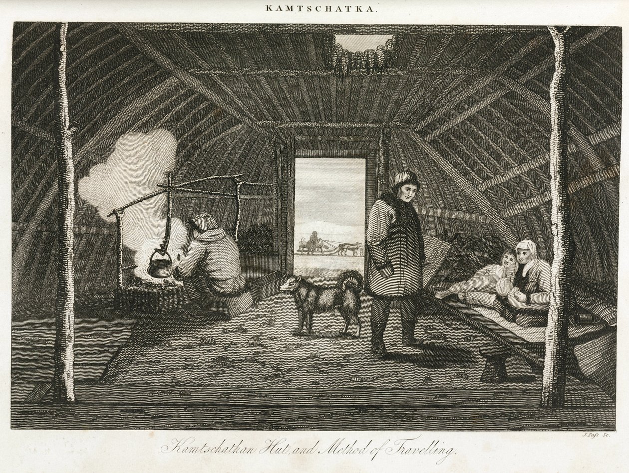 Hut em Kamchatka (península do extremo leste da Rússia) e trenó de transporte, ca. 1810 de Unbekannt