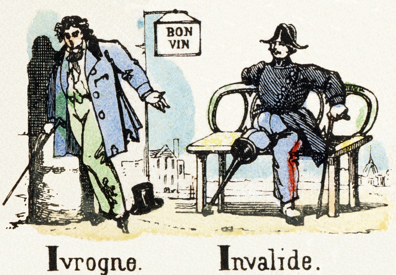 I - Ivrogne Invalide - Alfabeto - entretenimento infantil - Imagem epinal, série popular c.1890 (ilustração) de Unbekannt