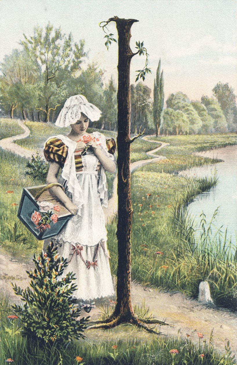 E: Uma mulher de vestido, avental e touca segura uma cesta no braço direito. Decoração do campo - Alfabeto caracteres Ref Th. E., L. Theochrom - Serie 994. Theodor Eisman, editor, Leipzig de Unbekannt