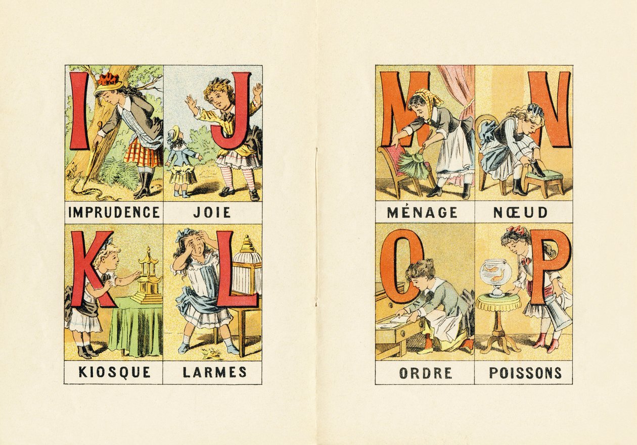 I : imprudência ; J : alegria ; K : quiosque ; L : lágrimas ; M N O P : menagem, nÏud, ordre, poissons - Gravura tirada do ABCD des petites filles. Pellerin & Cie, editora de impressoras, Epinal, por volta de 1890. Série A. Dimensões : 19 x 13,5 cm. de Unbekannt