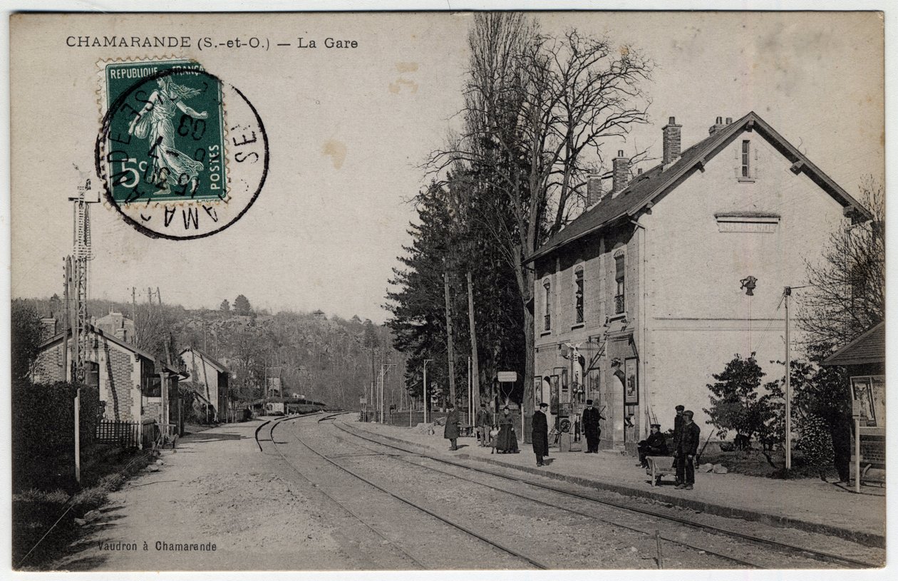 Ile de France, Essonne (91), Chamarande: vista da estação de trem - Cartão postal datado de 1908 de William M. Timlin