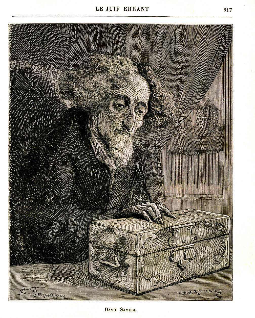 Ilustração do romance de Eugene Sue "O Judeu Errante" - Gravação de FERDINANDUS na edição de Jules Rouff de 1883. David Samuel, o guardião da propriedade da família De Rennepont, com a cassete (cofre) contendo os títulos, ações, contas de Unbekannt