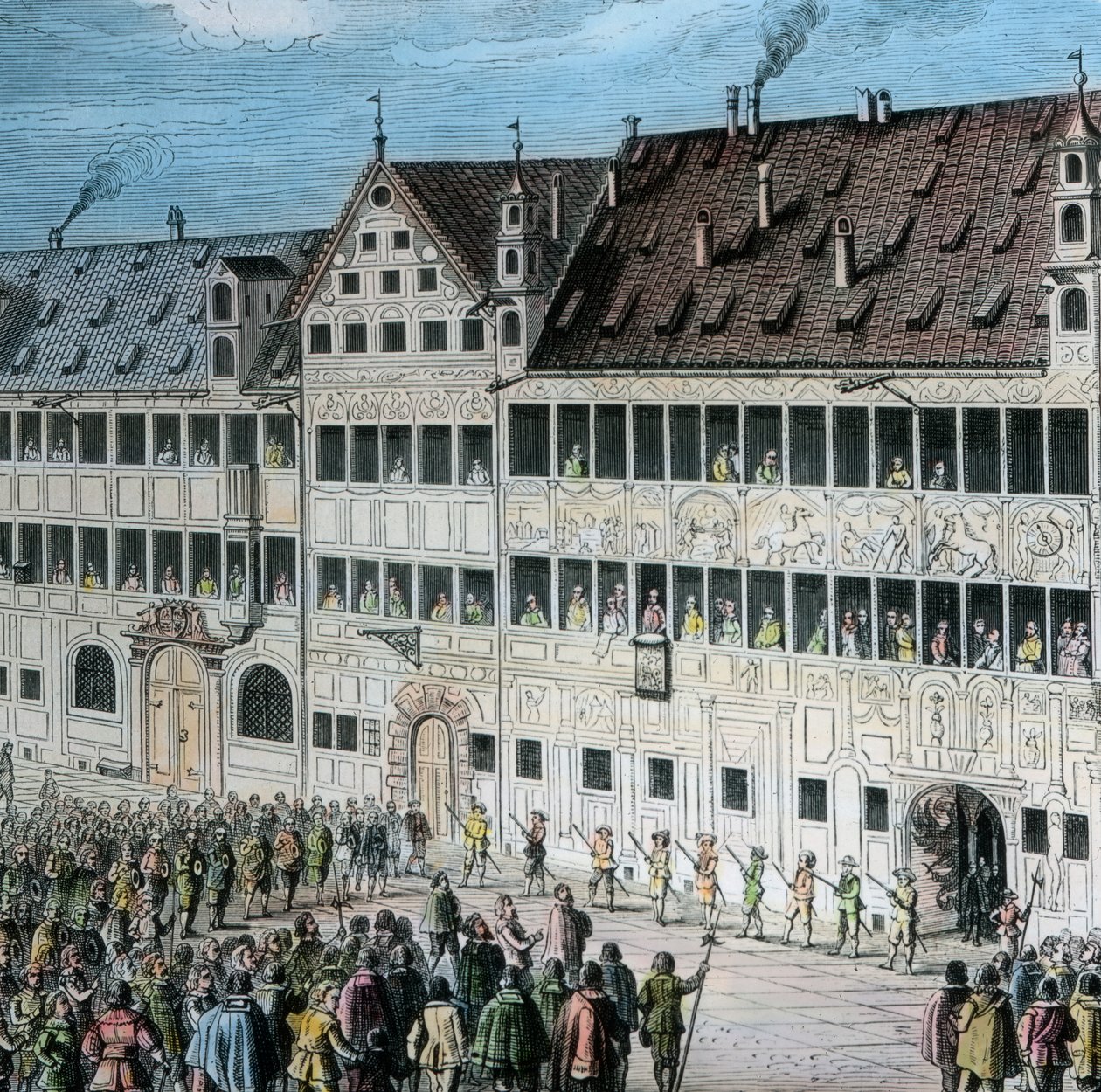 Em frente à casa Fugger, no Weinmarkt, na cidade de Augsburgo, as pessoas prestam homenagem ao rei sueco Gustav Adolf de Unbekannter Künstler
