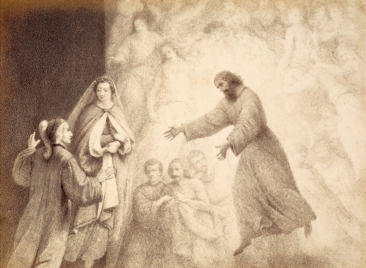 Na Esfera de Marte, Dante encontra o espírito do seu antepassado Cacciaguida. Ilustração do Canto XV do Paradiso de A Divina Comédia de Dante Alighieri. Obra de Franceso Scaramuzza dedicada ao Município de Florença. de Unbekannter Künstler