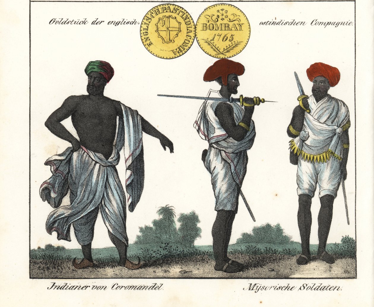 Trajes indianos: um homem da costa de Coromandel e dois soldados de Mysore (ou Maissour). Com uma moeda de ouro da Companhia das Índias Orientais. Litografia para o livro: "Galerie complete en tableaux fideles des peuples d