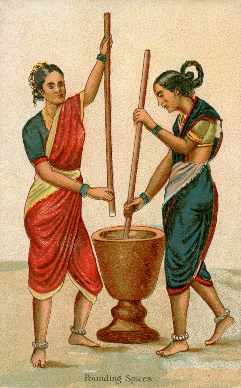 Mulheres indianas a moer especiarias de Unbekannter Künstler