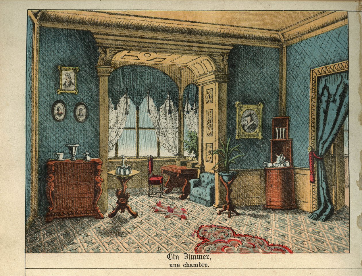 Decoração de interiores: um quarto e móveis. Placa de um dicionário infanto-juvenil franco-alemão de Unbekannt