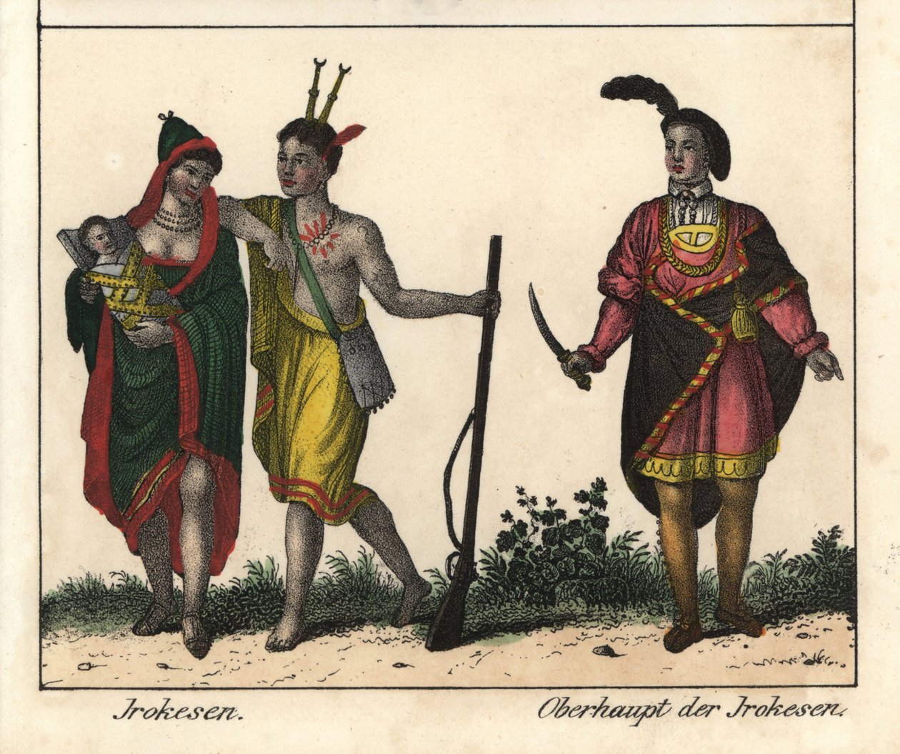 Índios iroqueses, um casal com um bebé, o homem armado com o corpo tatuado e o chefe da tribo. Litografia para o livro: "Galerie complete en tableaux fideles des peuples d