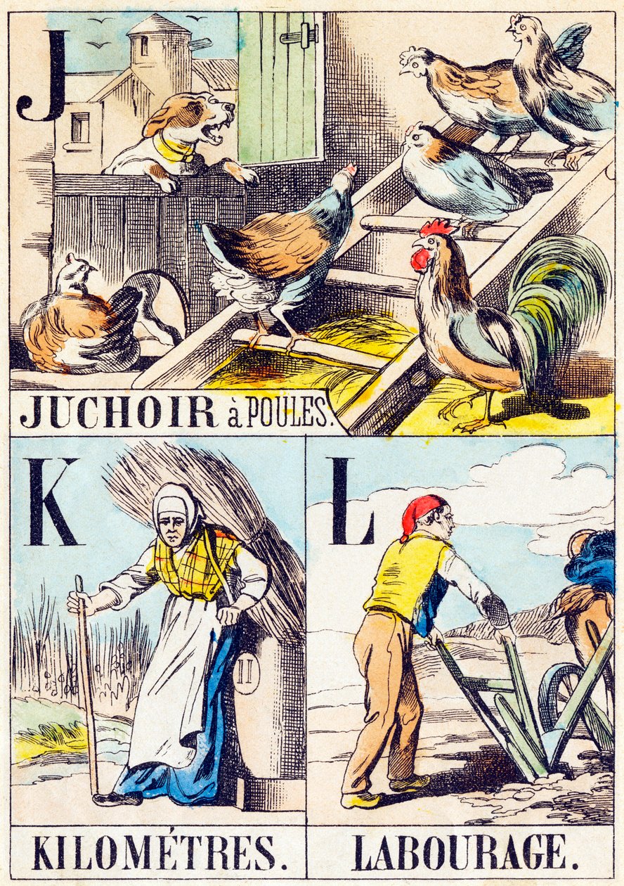 J K L : Juchoir a poules, Kilómetros, Labourage - "Alfabeto da quinta" fim do século XIX (gravura) de Unbekannt