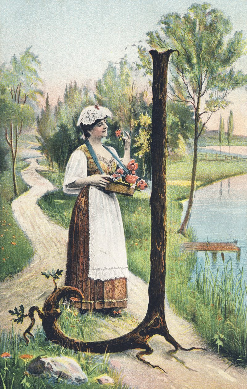 J: Uma mulher de saia comprida, avental e blusa carrega uma cesta de flores. Decoração do campo - Alfabeto caracteres Ref Th. E., L. Theochrom - Serie 994. Theodor Eisman, editor, Leipzig de Unbekannt