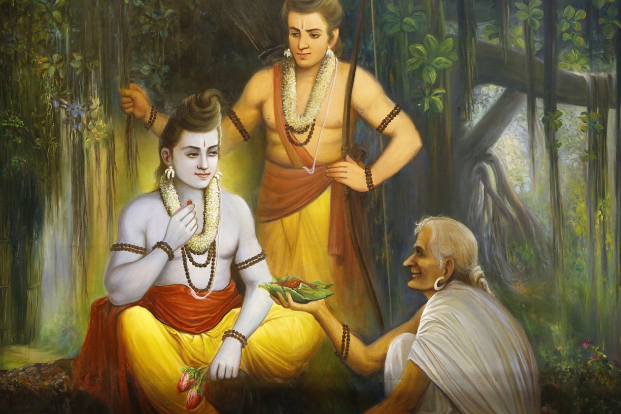 Jalaram Prathna templo hindu, Leicester. Fresco. Rama encontrando Shabari que oferece comida a Ramacandra. Reino Unido. de Unbekannt