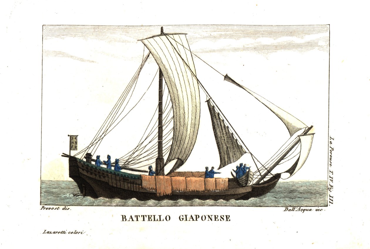 Barco à vela japonês. Ilustração de Jean Louis Prevost do diário de Jean François de Galaup, conde de La Perouse (1741-1788). Gravura em talhe-doce de dell