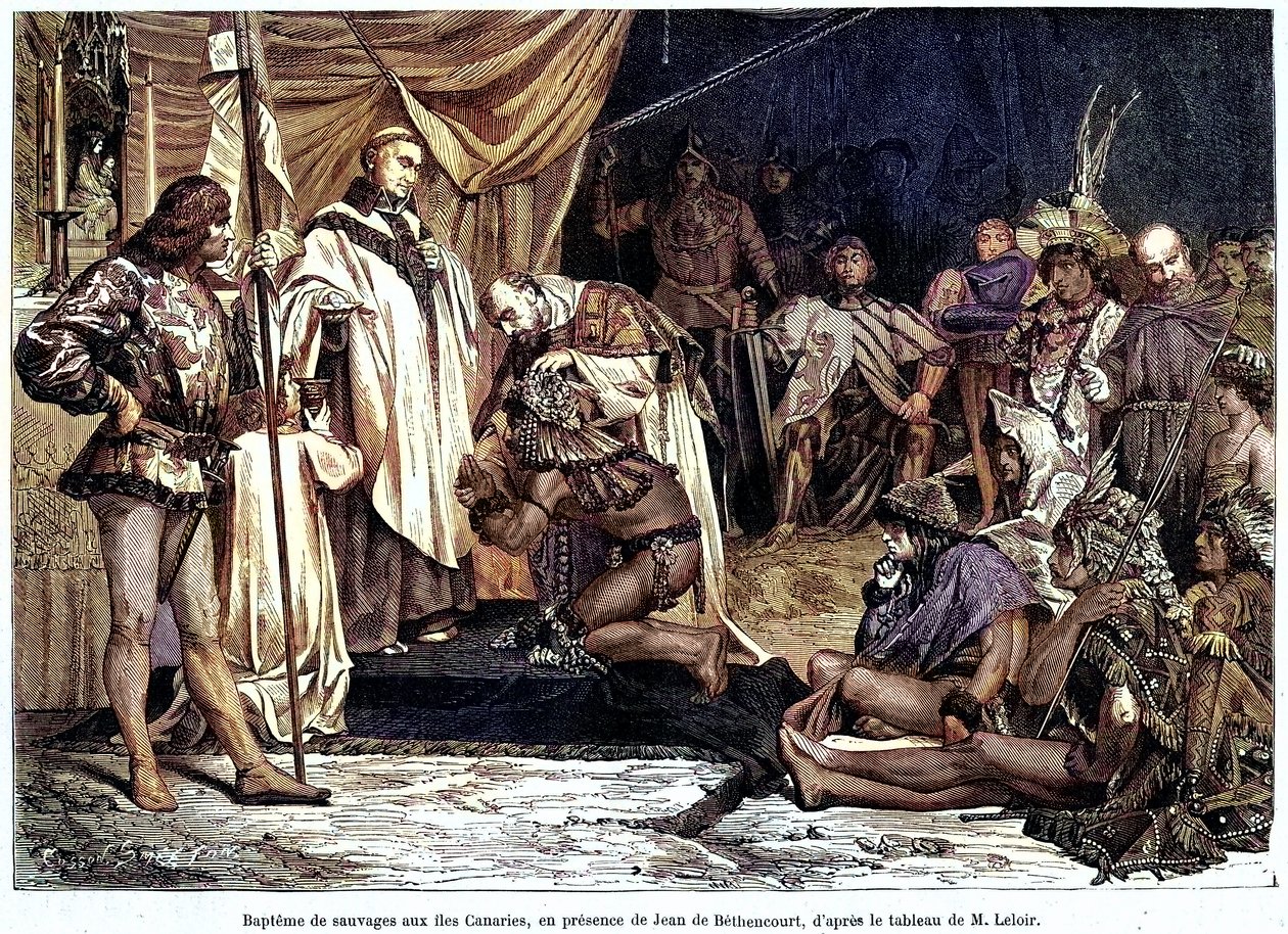 Jean de Bethencourt, cavalheiro normando, Barão de Saint Martin le Gaillard, conquistou e cristianizou as Ilhas Canárias em Janeiro de 1405, a partir da revista "Sur terre et sur mer" n°28, 8 de Janeiro de Unbekannter Künstler