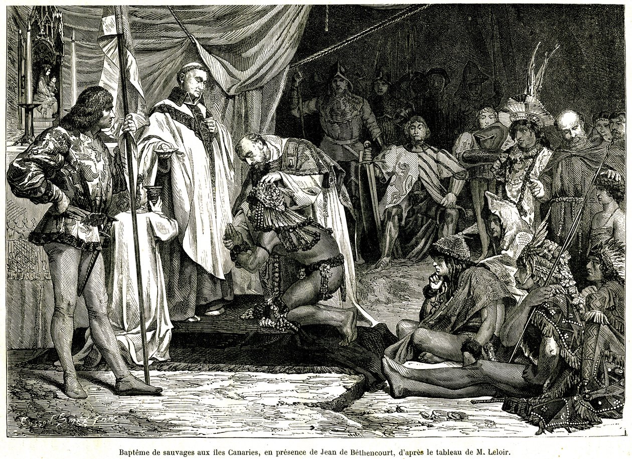 Jean de Bethencourt, cavalheiro normando, Barão de Saint Martin le Gaillard, conquistou e cristianizou as Ilhas Canárias em Janeiro de 1405, a partir da revista "Sur terre et sur mer" n°28, 8 de Janeiro de Unbekannter Künstler