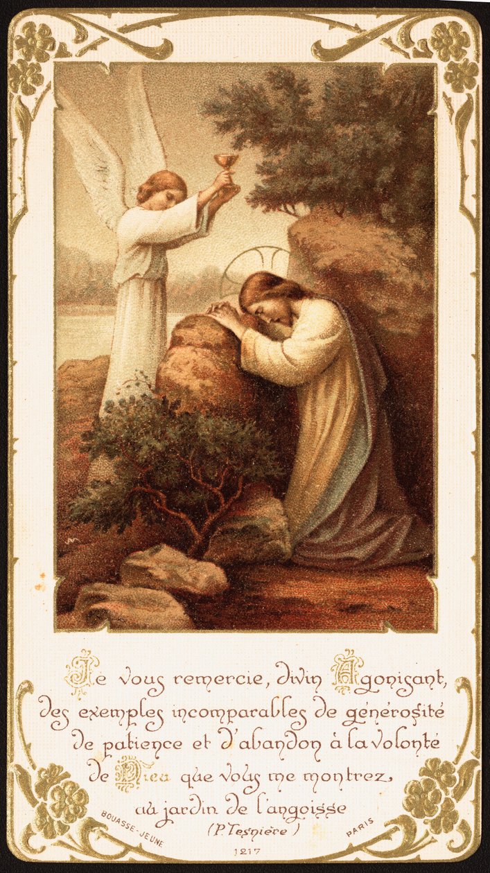 Jesus ajoelhado em oração no Jardim do Getsêmani, um anjo apresentando-lhe um cálice. Início do século 20 (cartão postal) de Unbekannter Künstler