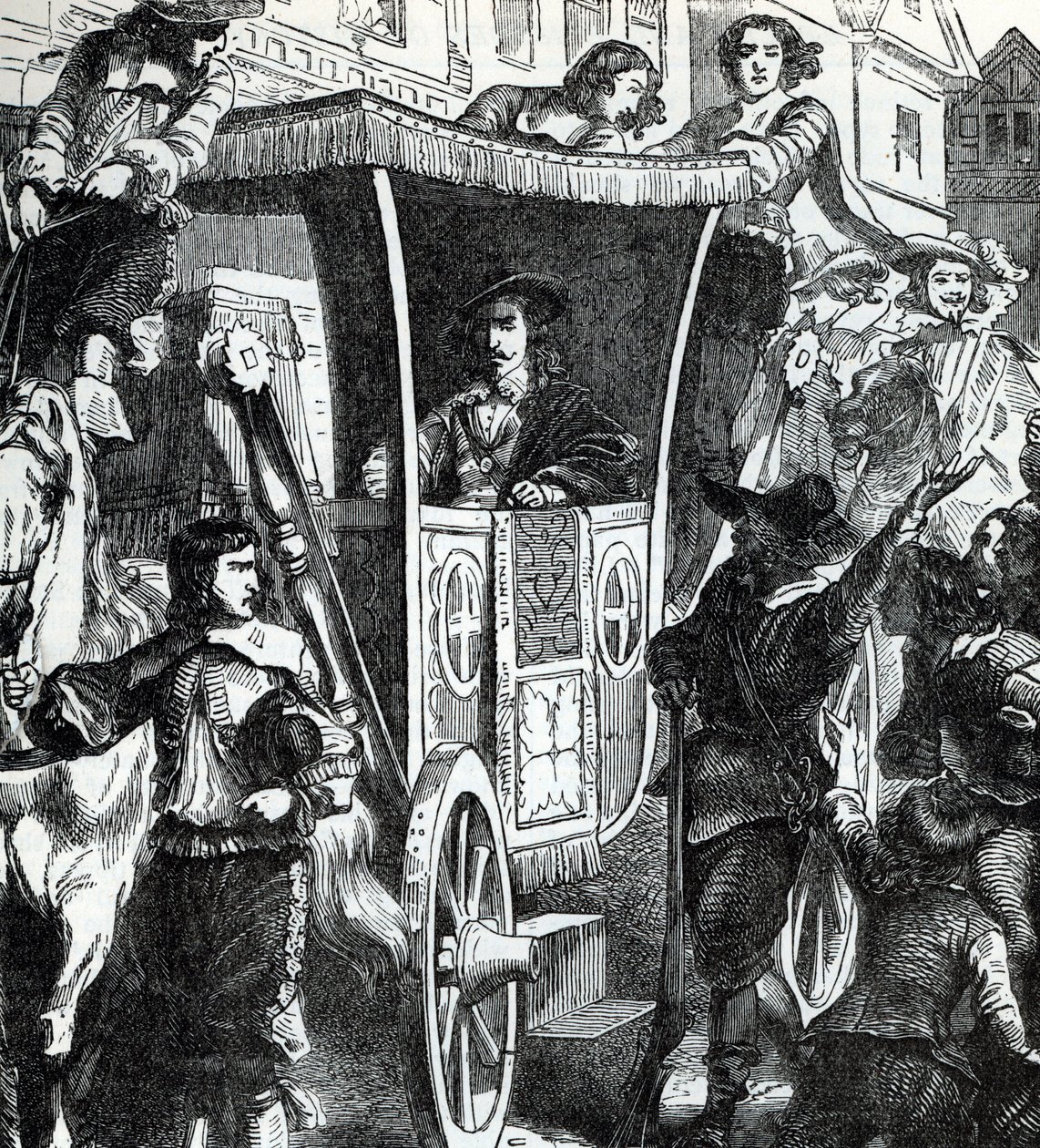O Rei Carlos I, saudado pela multidão após a tentativa falhada de prender os cinco membros do Parlamento John Pym, John Hampden, Denzil Holles, William Strode e Arthur Haselrig, em 4 de janeiro de 1642. Século XIX (gravura de "History of the world") de Unbekannter Künstler