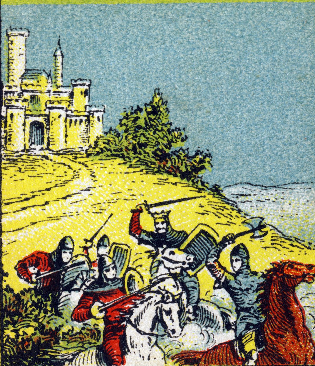 O rei Luís VI Le Gros lutou contra o roubo dos senhores do reino. Gravura no "Histoire de France". Série de imagens publicitárias publicadas em nome de Louit, 24 rue d