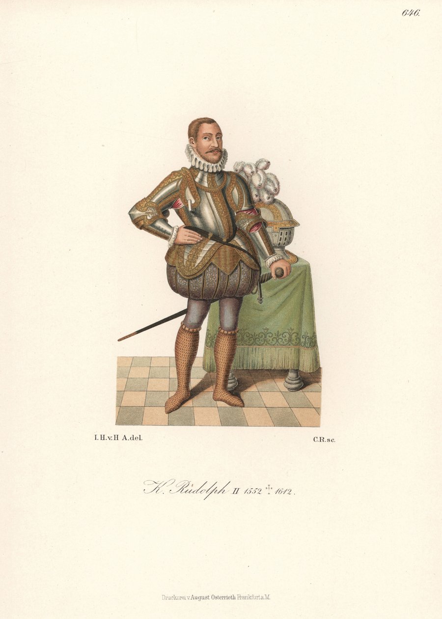 Rei Rodolfo II, Sacro Imperador Romano-Germânico, Rei da Boémia, Arquiduque da Áustria (1552-1612). Com rufo de renda, armadura de placas decorada com ouro, mangueira acolchoada com cortes e meias de cota de malha. Cromolitografia de Hefner-Alteneck