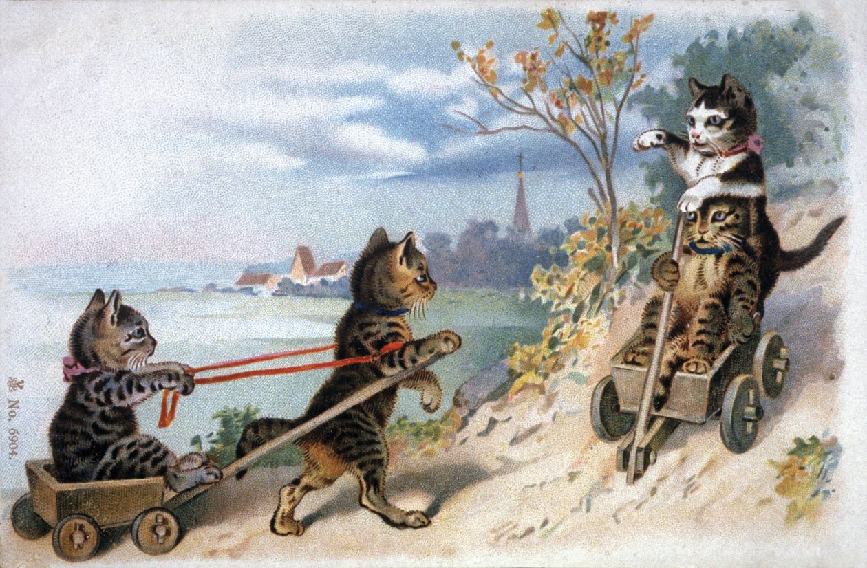 Gatinhos em trenós, início do século XX (cartão postal) de Unbekannter Künstler