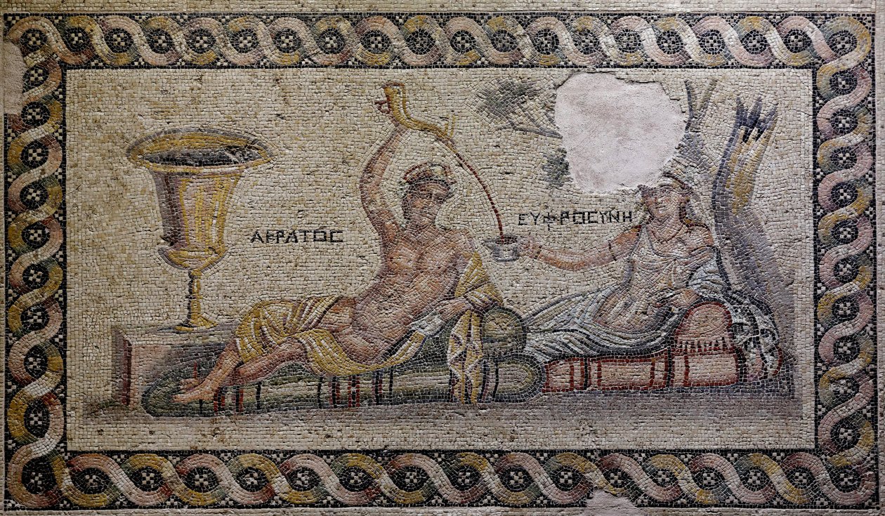 Kratos (Cratos) e Euphrosyne (Euthymia) - Mosaico, Akratos e Euphrosyne, Museu do Mosaico de Zeugma, Gaziantep, Região da Anatólia do Sudeste, Anatólia, Turquia, Ásia de Unbekannter Künstler