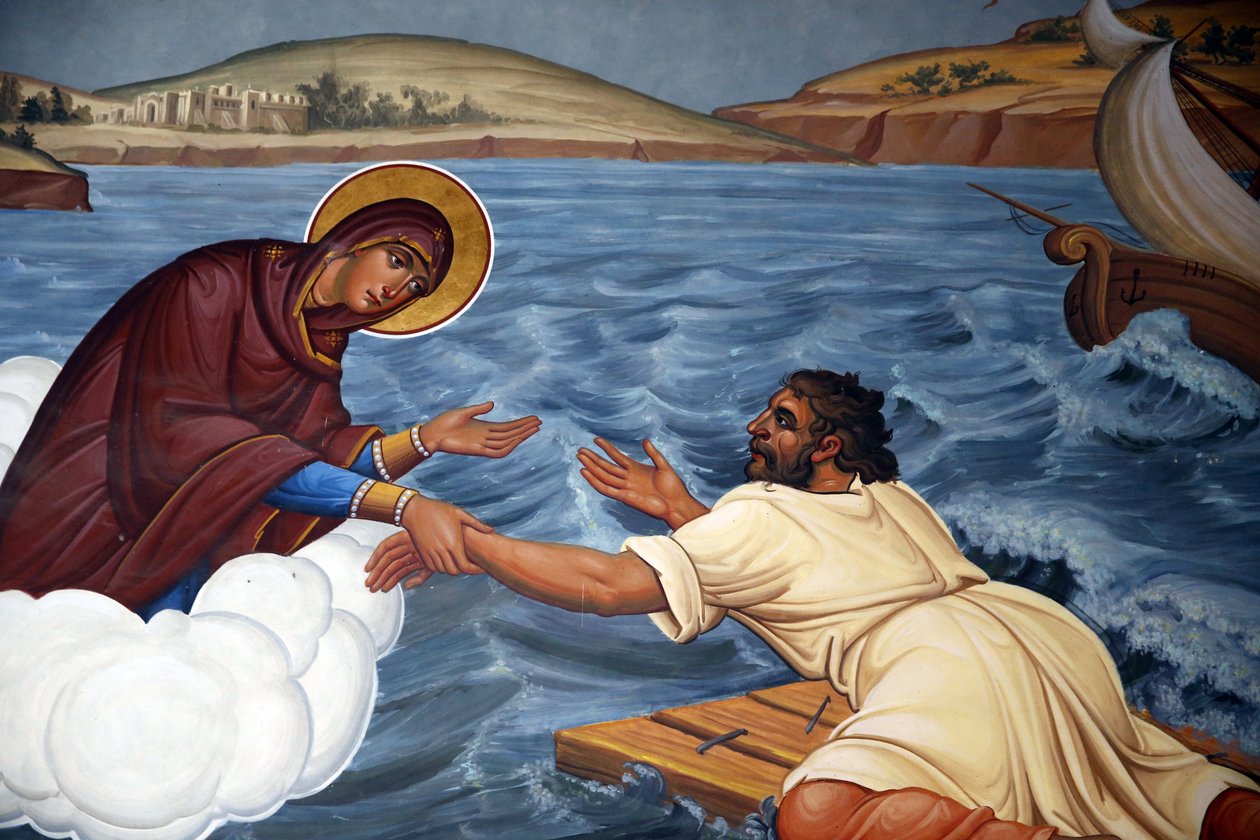 Mosteiro de Kykkos, Chipre. Fresco. Virgem Maria resgatando um marinheiro naufragado, 20150510, Pedoulas, Chipre de Unbekannt