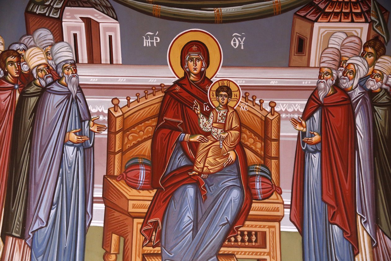 Mosteiro de Kykkos, Chipre. Fresco. Virgem e criança rodeadas por oradores, 20150510, Pedoulas, Chipre. de Unbekannt