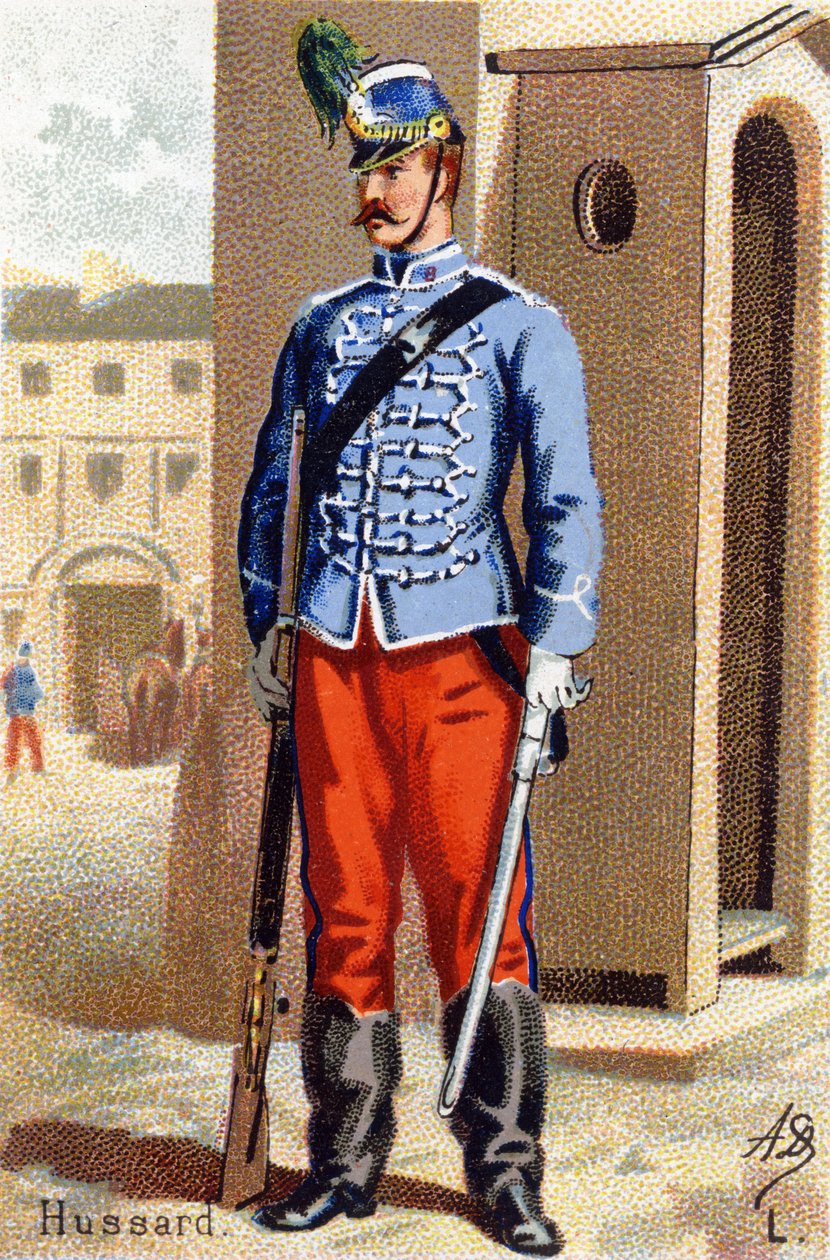 L: Hussard. Gravura em "Alfabeto Militar" . Iniciais do Ilustrador: A. D. Editora desconhecida. Cromolitógrafos do final do século XIX. Dim: 10,5x7cm . de Unbekannt