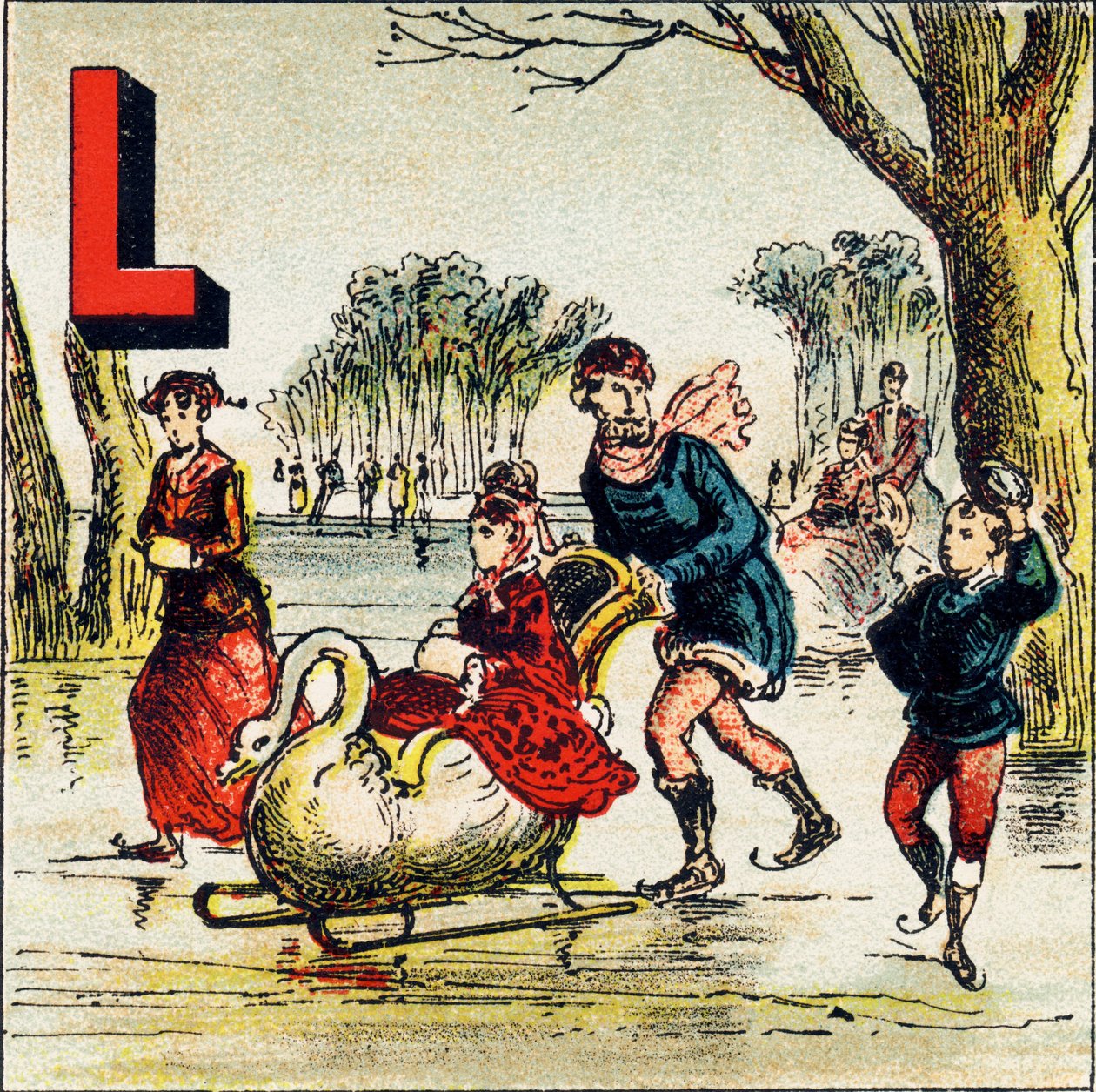 L: Lago. Um lago é uma grande área de água fechada por terra. O Lago de Genebra é um lago admirável - Gravura extraída da geografia do Alfabeto. Guerin-Muller et Cie, editeurs, Paris de Unbekannt
