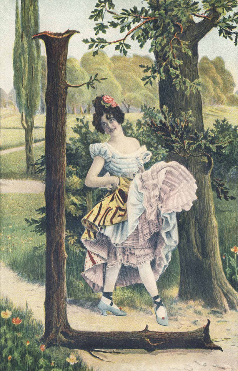 L: Uma mulher com flores no cabelo levanta os seus saiotes para desenhar um passo de dança. Decoração do campo - Alfabeto caracteres Ref Th. E., L. Theochrom - Serie 994. Theodor Eisman, editor, Leipzig de Unbekannt