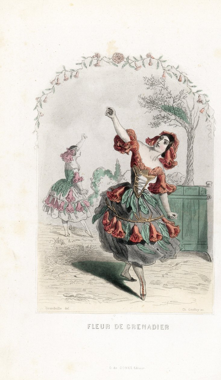 La fee de la fleur de grenade danse - Gravura de Charles Geoffroy (1819-1882), baseada numa ilustração de Jean Ignace Isidore Gerard dit J.J.J.Granville (1803-1847), para Les fleurs animees de Unbekannter Künstler