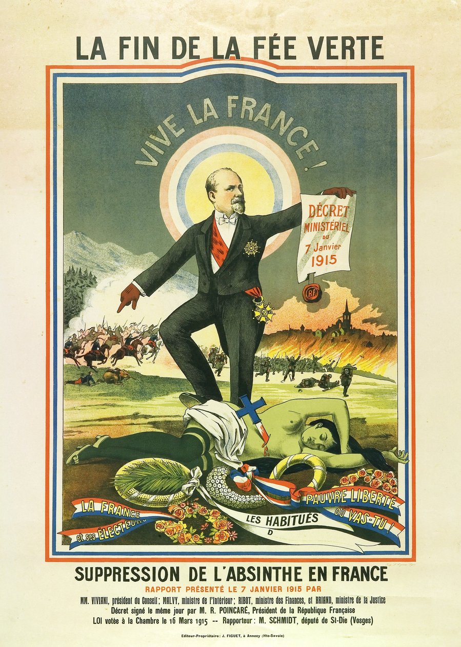 O fim da taxa verde, litografia durante a proibição do absinto em França em 1915 de Unbekannt