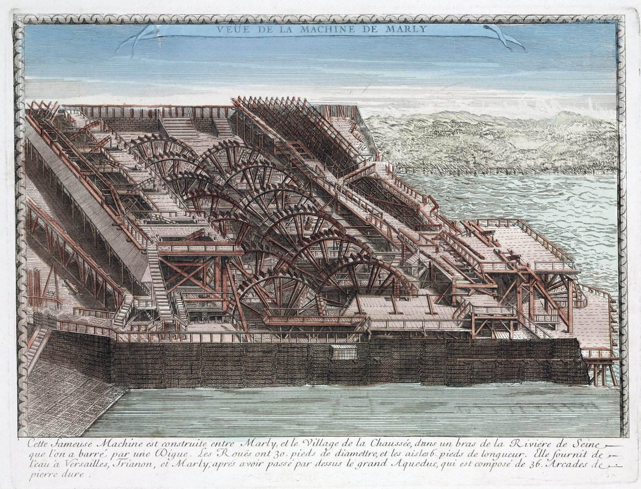 A máquina de Marly de Rennequin que foi utilizada para bombear e conduzir as águas do Sena até Versalhes por intermédio do aqueduto de Marly, para abastecer de água os parques dos castelos de Marly e Versalhes. de Unbekannt