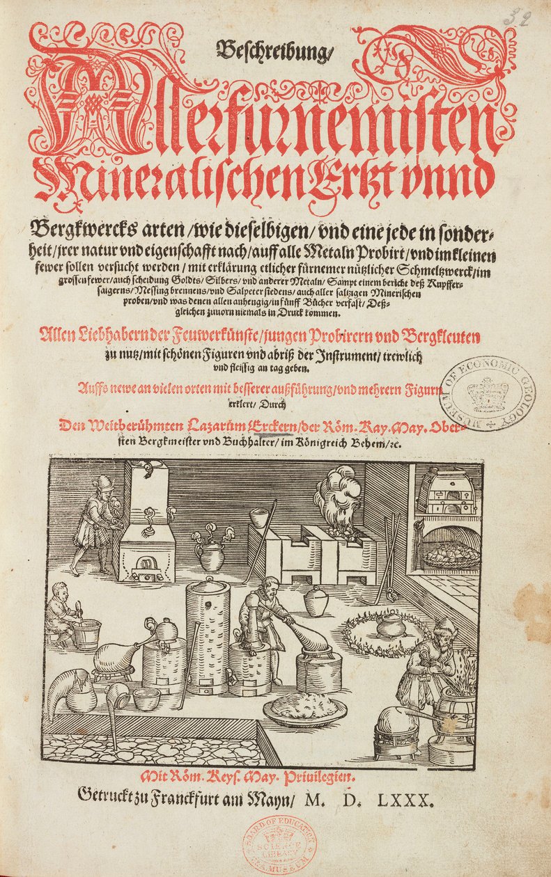 Laboratório de análise de minério, com forno, instrumento e ferramentas - Página de título de Descrição de minérios e principais métodos de mineração, por Lazarus Ecker - Alquimia & Química Antiga Página de título de um livro sobre metalurgia de Unbekannt